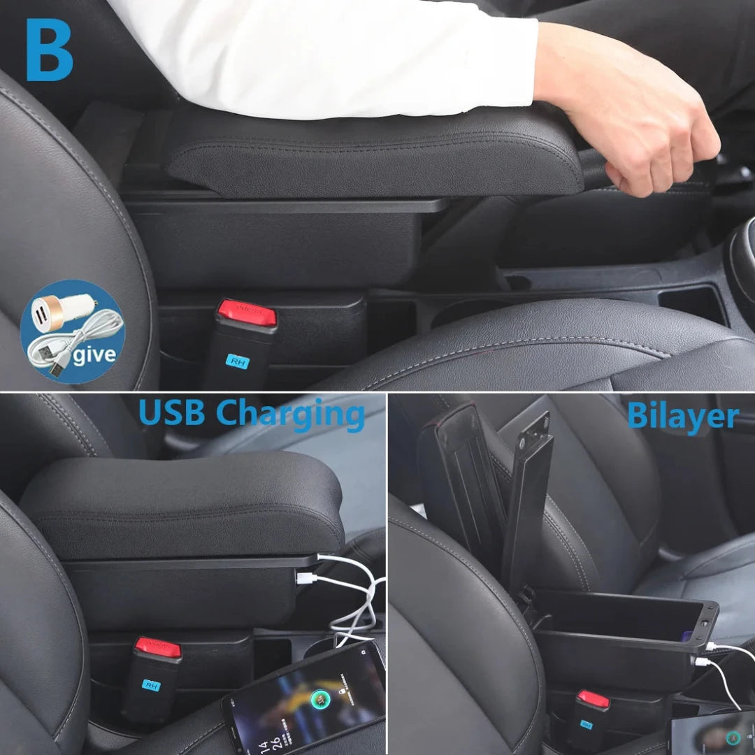 Présentation des différents assortiments de l'accoudoir Hyundai I30, comme les ports USB et les compartiments de rangement.