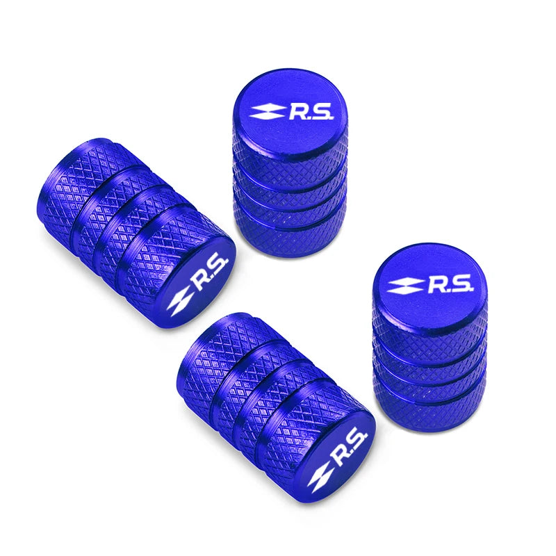 Bouchon de valve pneu voiture, de couleur bleu avec logo RS inscrit dessus.