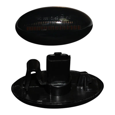 Répétiteur latéral ovale fumé vu de dessus et de dessous, connecteur et clips de fixation visibles