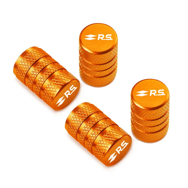Bouchon de valve pneu voiture avec logo RS inscrit dessus, de couleur orange.