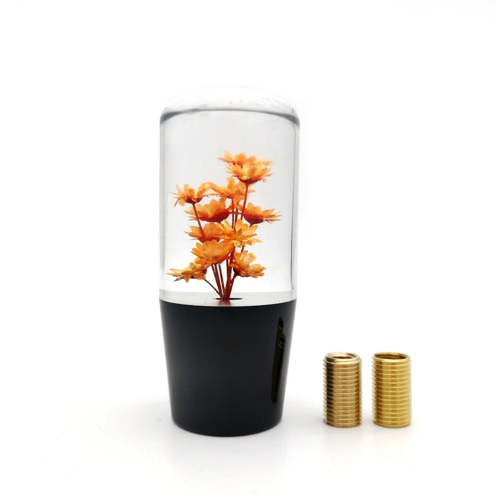 Pommeau de vitesse original fleuri orange 10 cm avec mini arbuste visible
