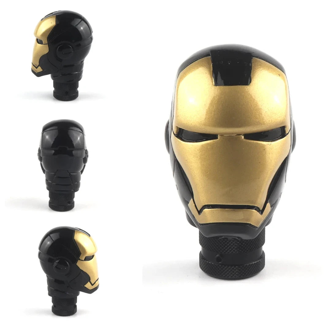 Pommeau de vitesse original en forme du casque de Iron Man, de couleur noir et doré.