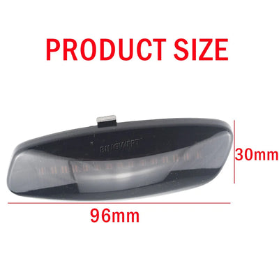 Répétiteur latéral dynamique fumé vu de face, cotes de 96 mm de long et 30 mm de haut