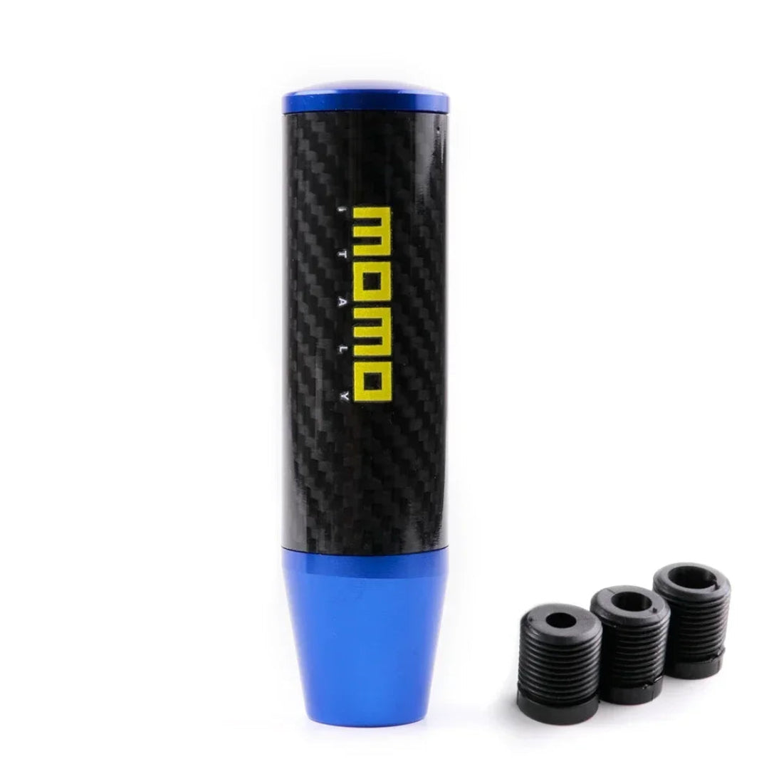 Pommeau de vitesse sport en carbone de couleur bleu et noir, avec logo MOMO en jaune.