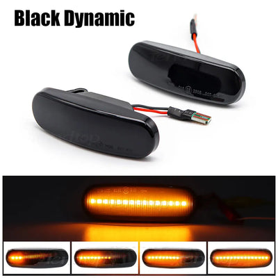 Répétiteurs latéraux dynamiques noirs, quatre étapes d'allumage orange sur fond sombre