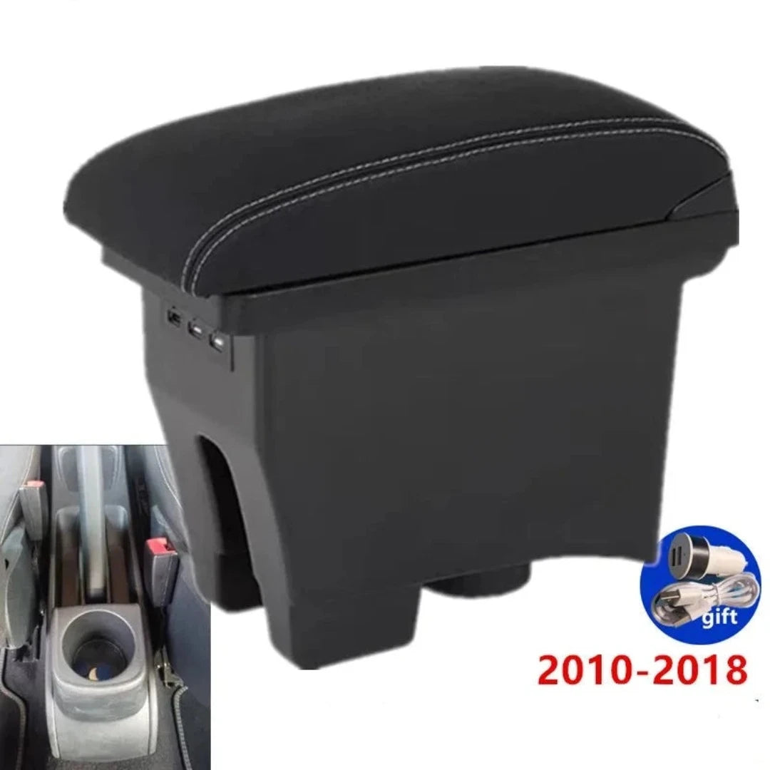 Accoudoir voiture pour Volkswagen Polo. De couleur noir avec les lignes blanche. Port USB intégré à l'accoudoir.