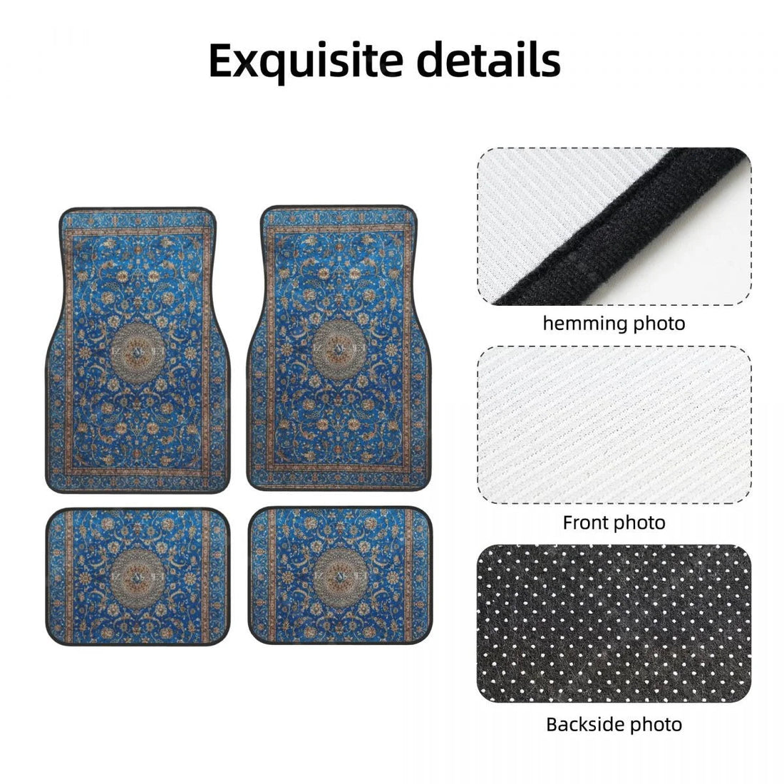 Zoom sur les finitions et le tissu du tapis de sol persan bleu