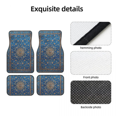 Zoom sur les finitions et le tissu du tapis de sol persan bleu
