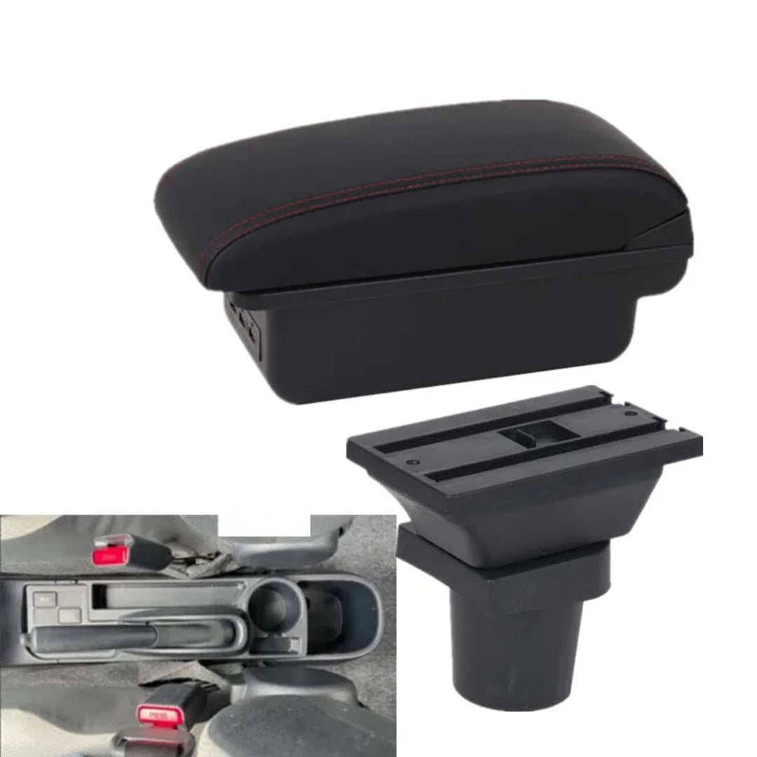 Accoudoir voiture Toyota Yaris, de forme arrondie, couleur des lignes rouge avec 3 ports USB.