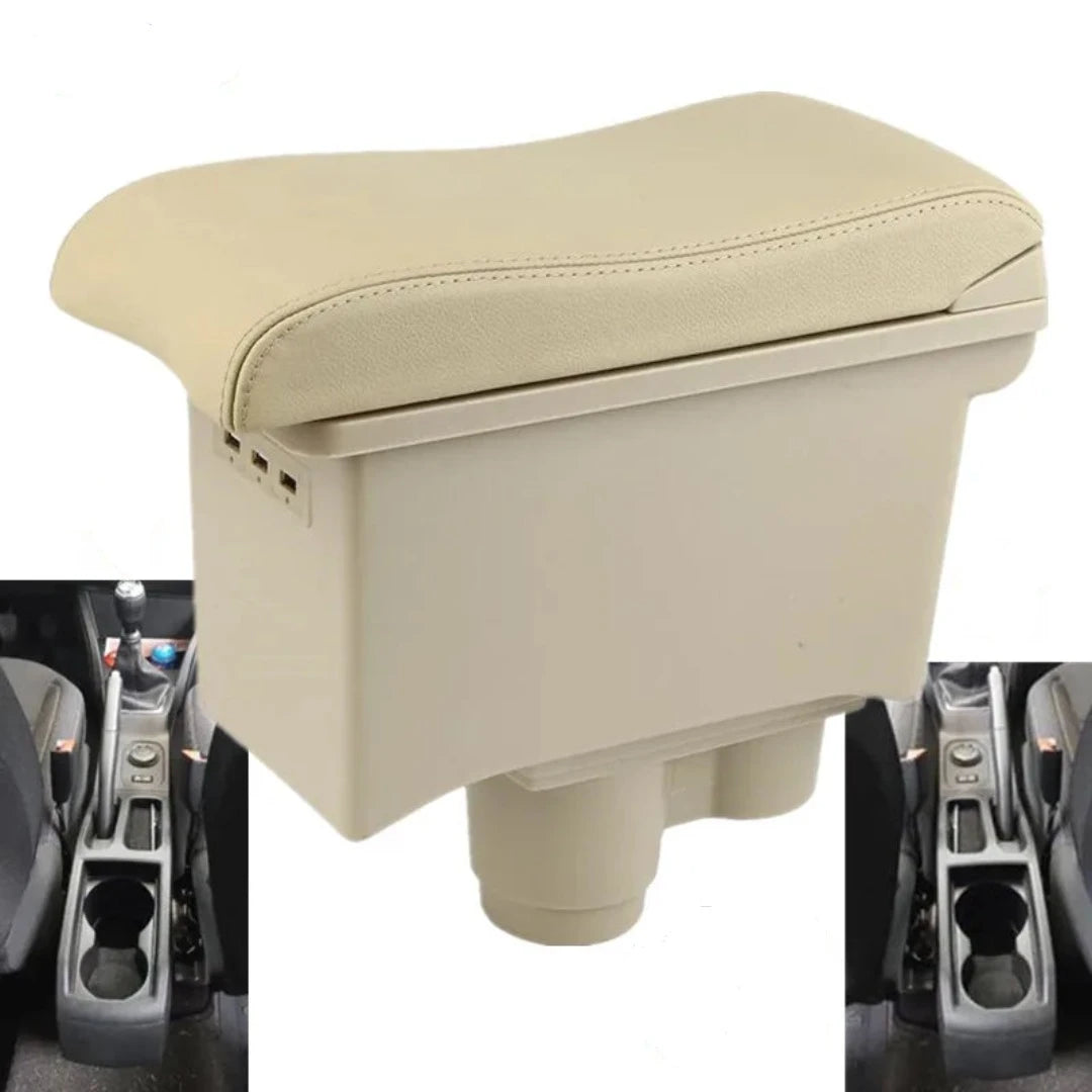 Accoudoir de voiture Dacia Duster incurvé, avec ports USB intégrés de couleur beige.