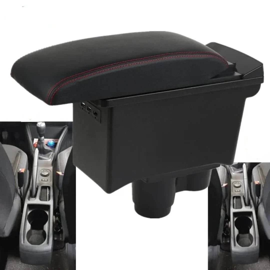 Accoudoir voiture Dacia Duster arrondi avec ports USB, de couleur noir et rouge.