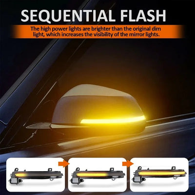 Séquence « Sequential flash » : rétroviseur blanc avec défilement ambre en trois étapes