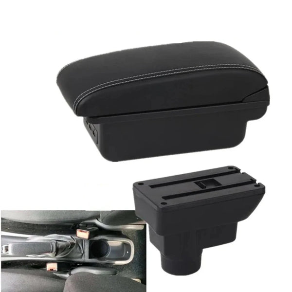 Accoudoir voiture Opel Corsa D. Forme arrondi pour le repose bras et de couleur noir et blanc.