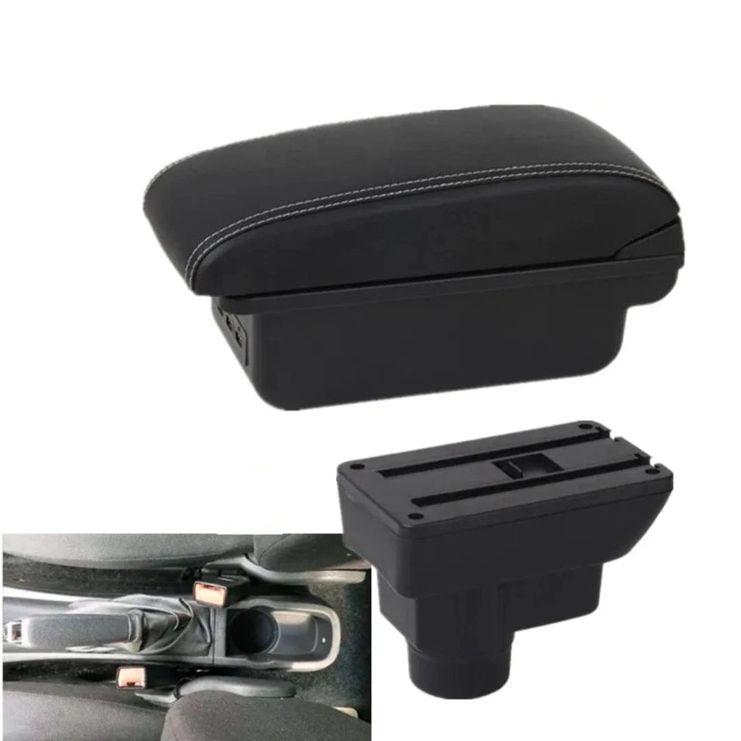 Accoudoir voiture Opel Corsa D. Forme arrondi pour le repose bras et de couleur noir et blanc.