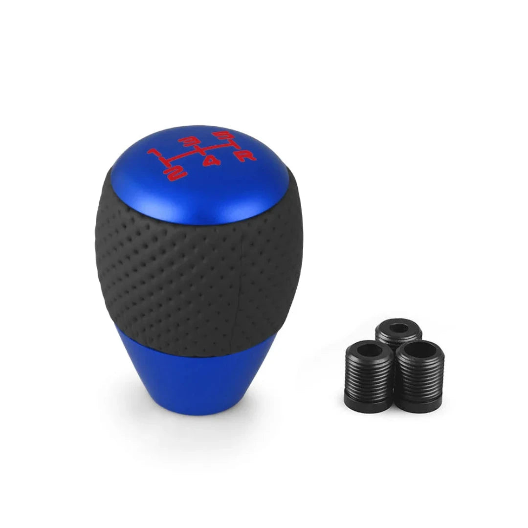 Pommeau de vitesse tuning universel de couleur bleu avec une partie adhérente pour la prise en main de couleur noir.