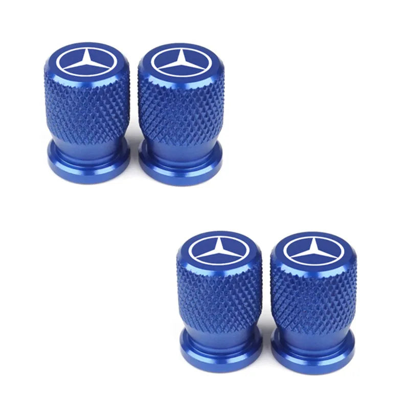 Bouchon de valve Mercedes de couleur bleu, avec le logo Mercedes présent sur le haut du bouchon.