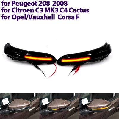 Paire de clignotants dynamiques LED noirs allumés, pour Peugeot 208 et 2008, Citroën C3 MK3 et C4 Cactus, Opel Corsa F
