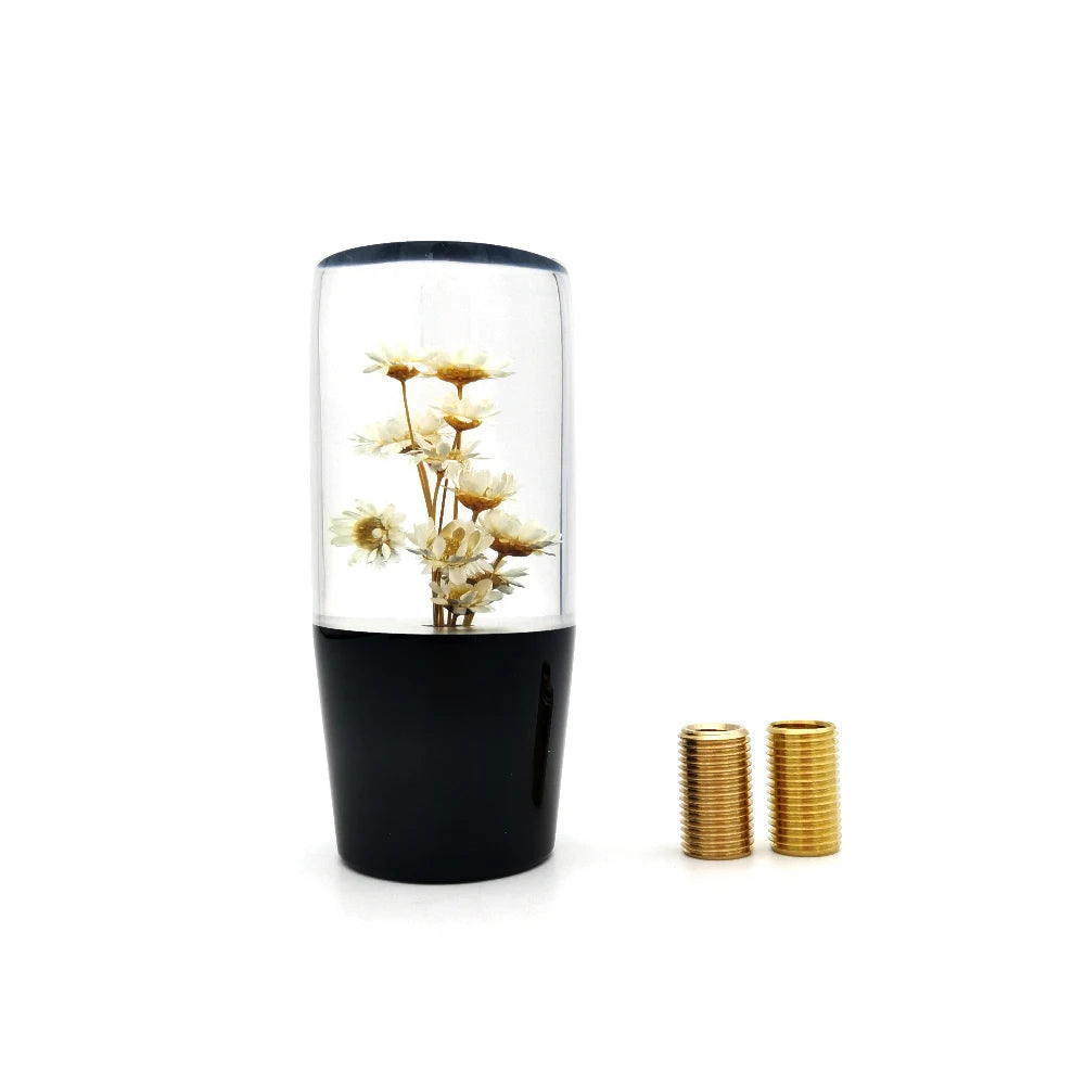 Pommeau de vitesse original fleuri blanc 10 cm transparent.