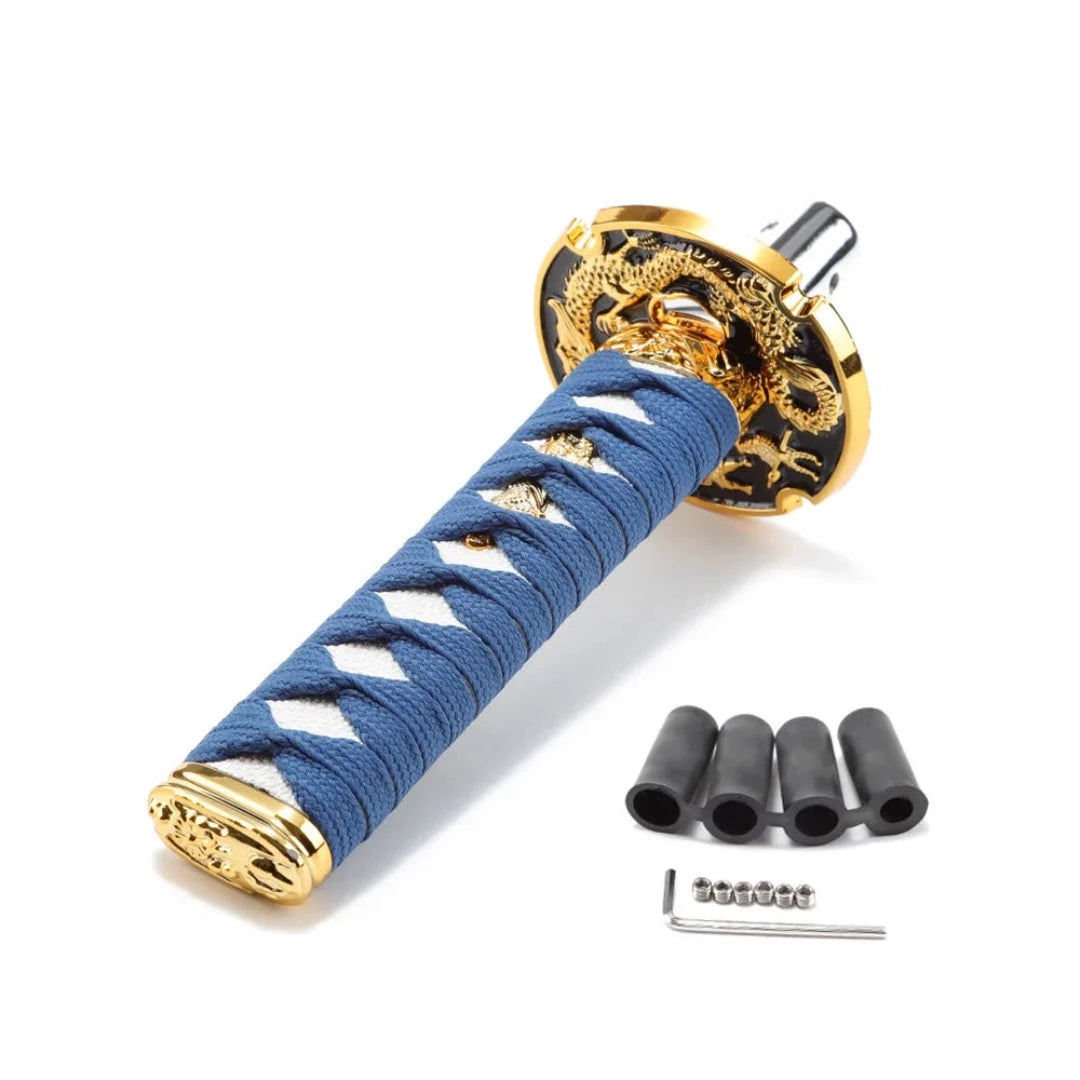 Pommeau de vitesse original en forme de katana de 15 cm, couleur bleu.