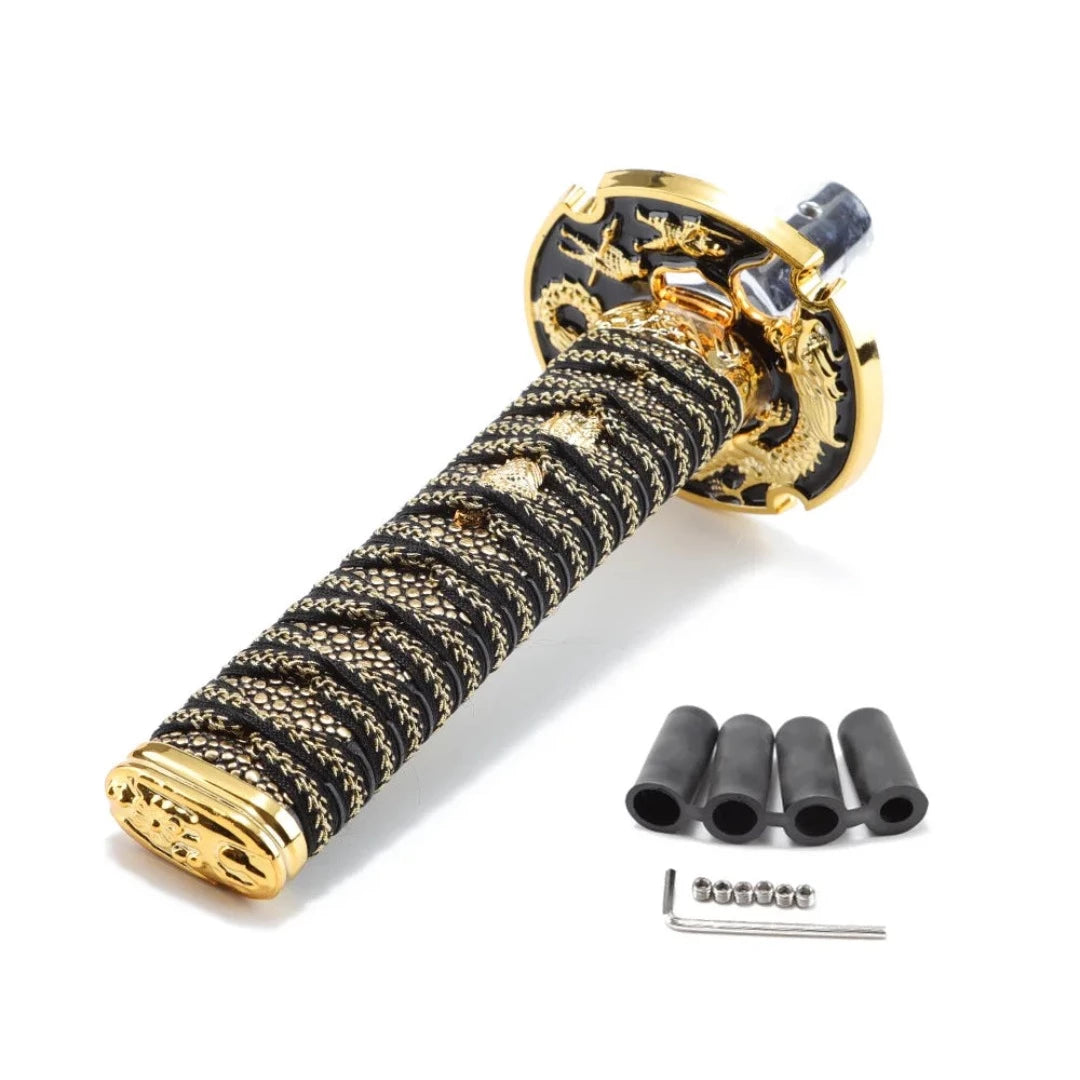 Pommeau de vitesse katana de 15 cm, couleur noir et or.