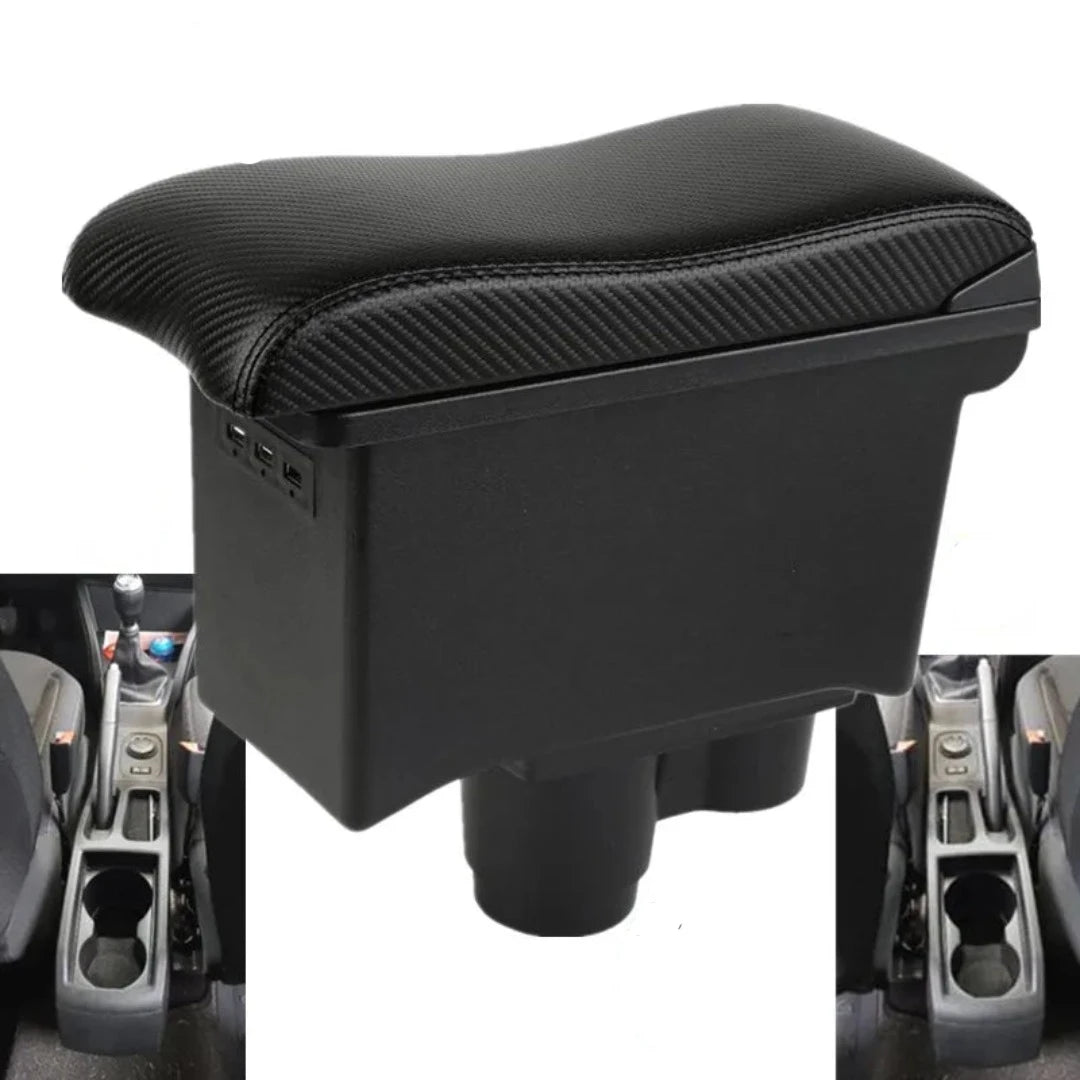 Accoudoir voiture Dacia Duster incurvé, avec ports USB intégrés de couleur noir.