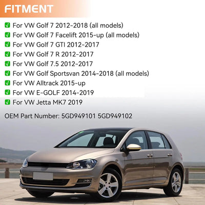 Liste de compatibilité Golf 7, Sportsvan, Alltrack, E-Golf et Jetta MK7, avec numéros OEM 5GD949101 et 5GD949102