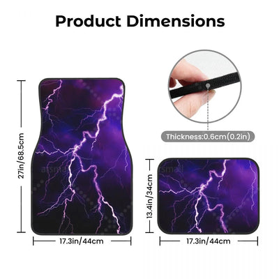 Dimensions du tapis de sol voiture éclair violet : avant 68,5 x 44 cm, arrière 44 x 34 cm