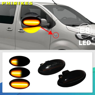 Répétiteur latéral dynamique ovale fumé sur un utilitaire, zoom sur le défilement lumineux orange