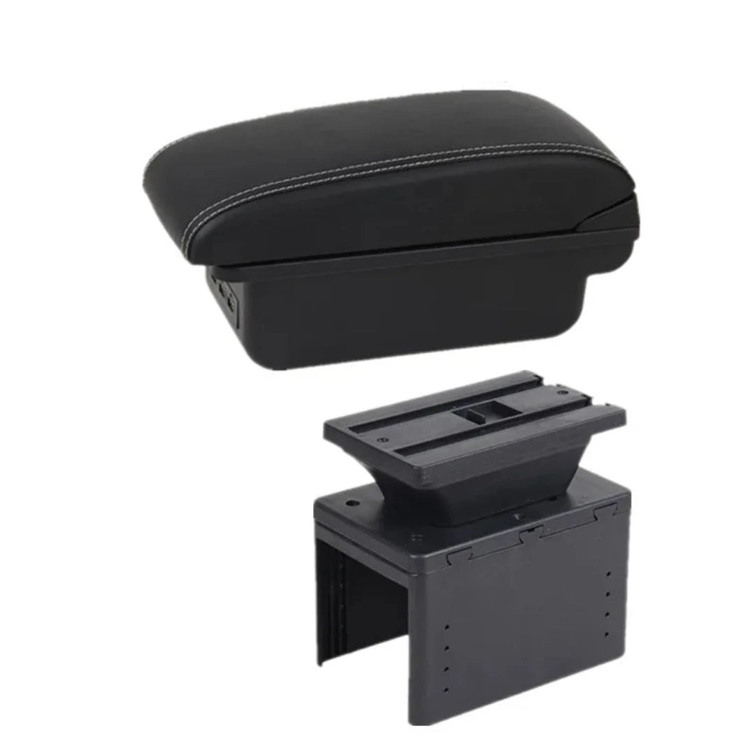 Accoudoir de voiture universel, de couleur noir et blanc avec port USB intégré.