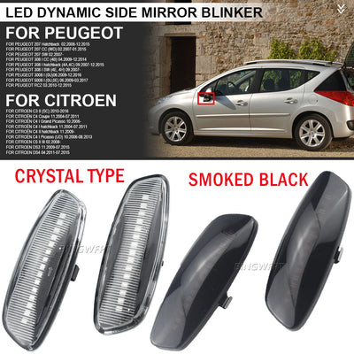 Répétiteurs latéraux dynamiques fumé et crystal, avec la liste des Peugeot 207, 308, 3008, 5008, RCZ et Citroën compatibles