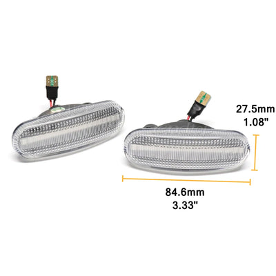 Deux répétiteurs latéraux transparents vus de face avec cotes de 84,6 mm de long et 27,5 mm de haut