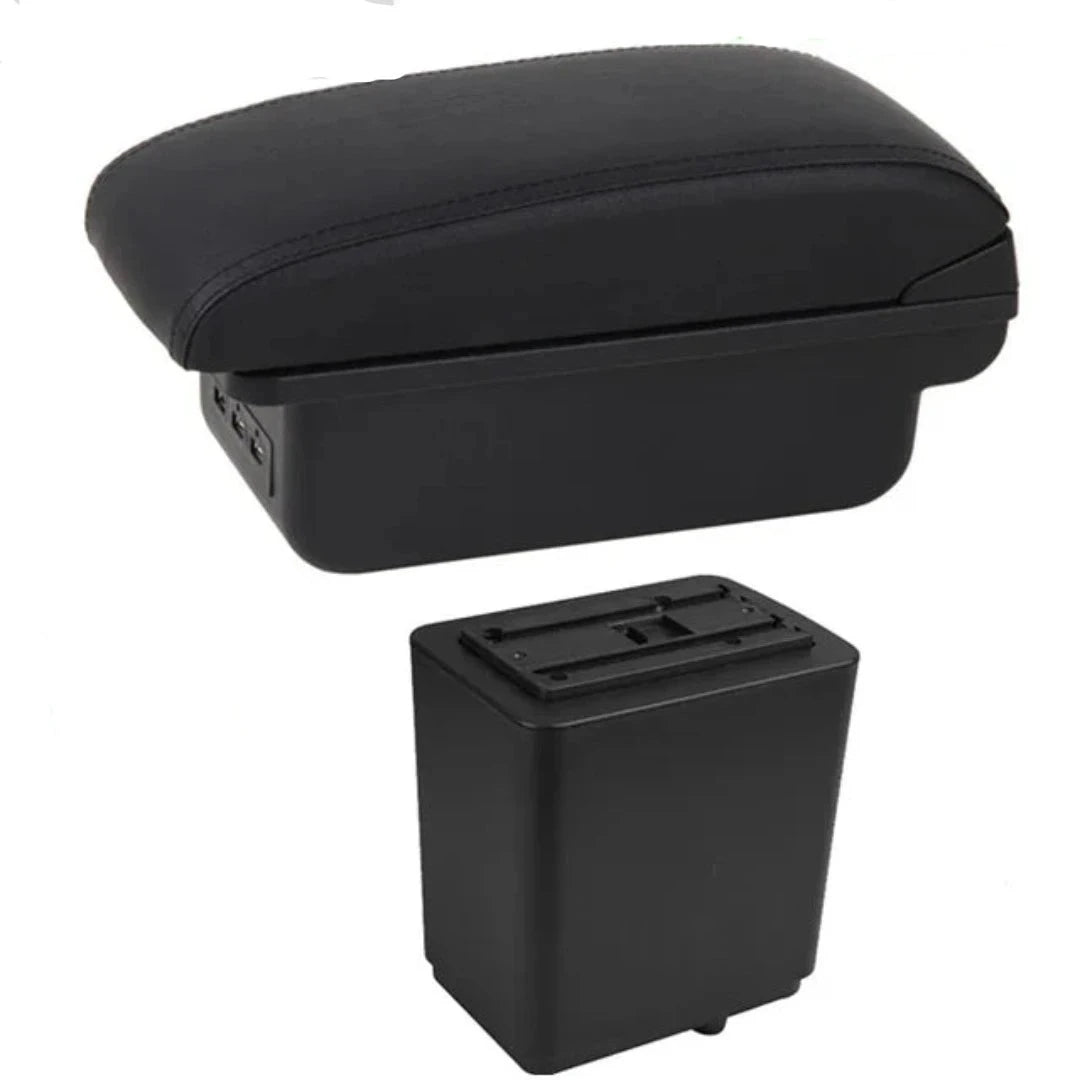 Accoudoir de voiture Citroën Berlingo noir avec les lignes noir. Avec ports USB et compartiment de rangement intégré.