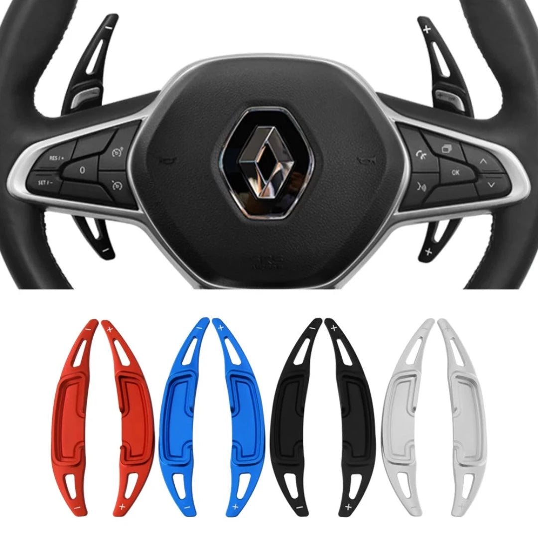 Image de nos palettes au volant Renault, de couleur : rouge, bleu, noir et gris.