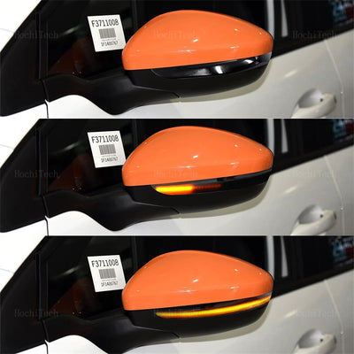 Rétroviseur orange vu de côté, clignotant dynamique LED allumé en trois étapes qui défilent vers l'avant