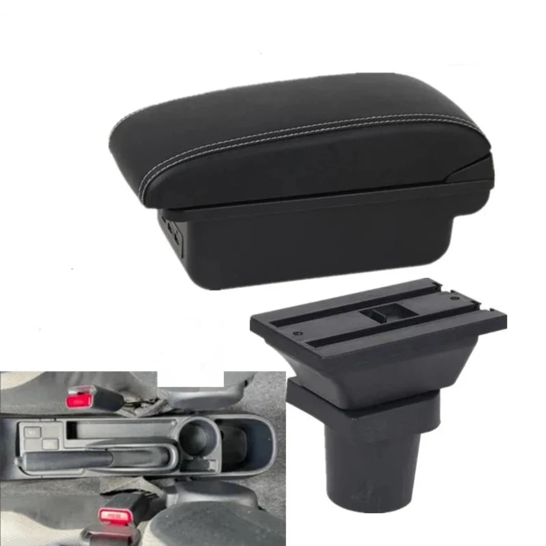 Accoudoir voiture Toyota Yaris, de forme arrondie, couleur des lignes blanche avec 3 ports USB.