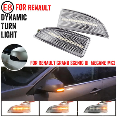 Visuel de clignotants transparents pour Renault Grand Scénic III et Mégane MK3, avec rétroviseur gris photographié de côté