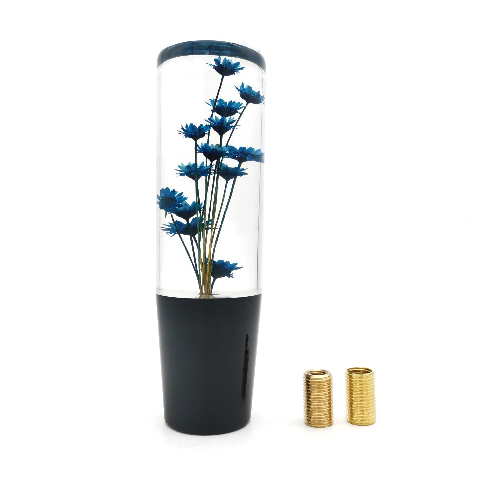 Pommeau de vitesse original fleuri bleu 15 cm avec mini plante décorative.