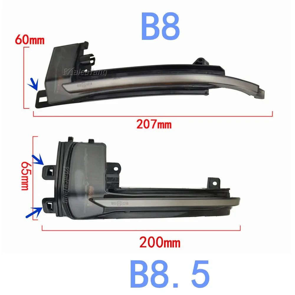 Dimensions comparées des deux versions du clignotant dynamique Audi : 207 x 60 mm et 200 x 65 mm