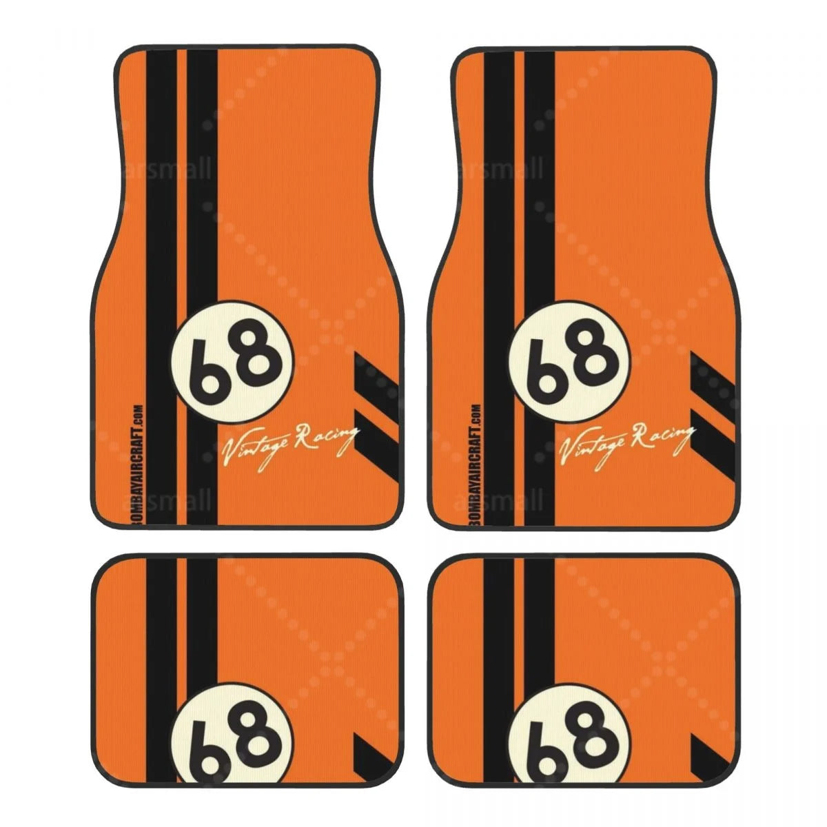 Tapis de sol voiture vintage racing orange, jeu de 4 pièces avant et arrière