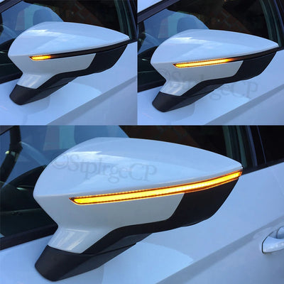 Coque de rétroviseur blanche vue de côté avec clignotant ambre allumé, en trois prises de vue