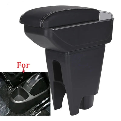 Accoudoir Citroën C1 noir à surpiqûres blanches avec son socle, et l'emplacement d'origine sur la console
