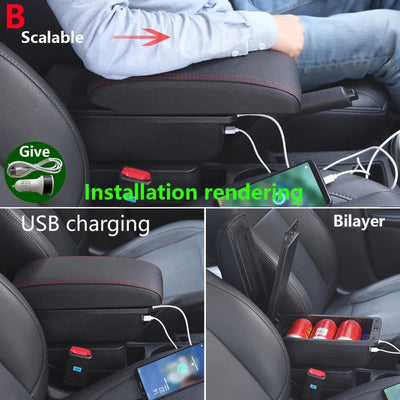 Accoudoir Citroën C3 en situation : assise coulissante, recharge USB et rangement à double étage