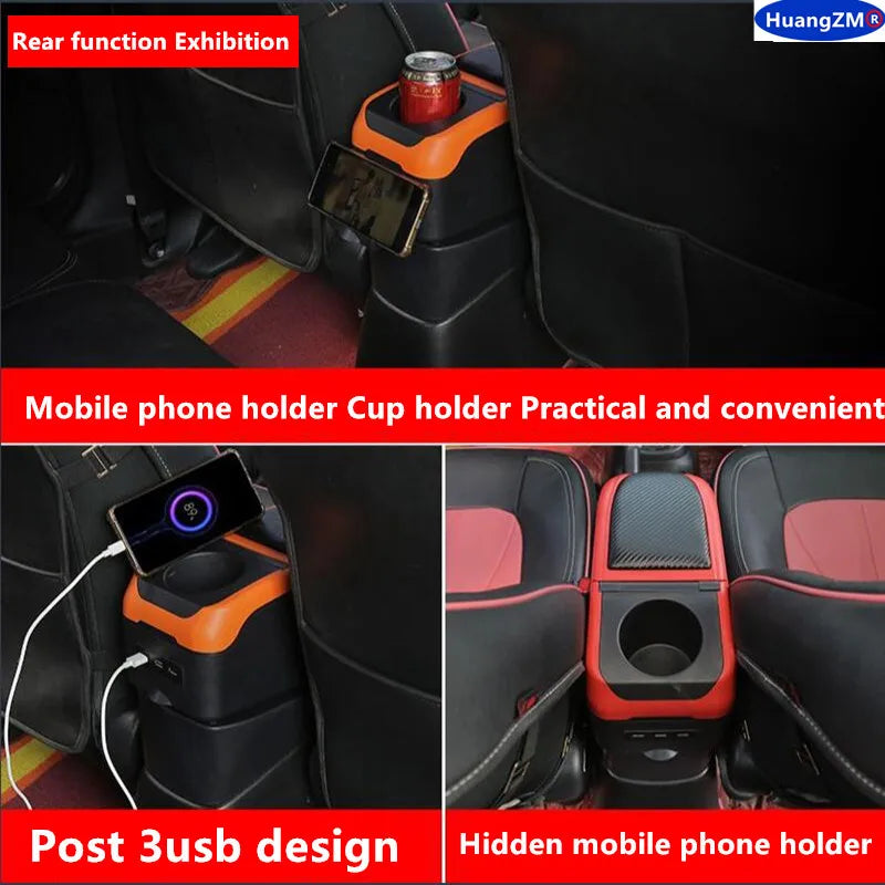 Face arrière de l'accoudoir Ford Focus 3 : porte-gobelet et support téléphone escamotable pour les passagers, avec trois ports USB de recharge