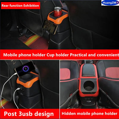 Face arrière de l'accoudoir Ford Focus 3 : porte-gobelet et support téléphone escamotable pour les passagers, avec trois ports USB de recharge