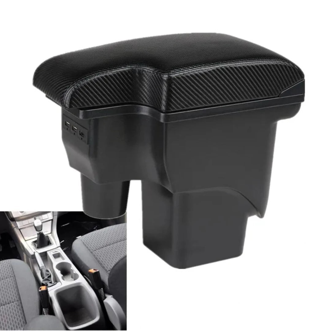 Accoudoir central Ford Focus à revêtement carbone noir, avec trois ports USB et bac de rangement