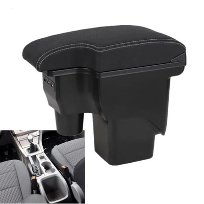 Accoudoir central Ford Focus noir à surpiqûres blanches, vue trois quarts et mise en situation dans la console
