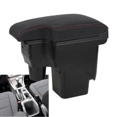 Accoudoir central Ford Focus noir à surpiqûres rouges, assise rembourrée et coffre de rangement