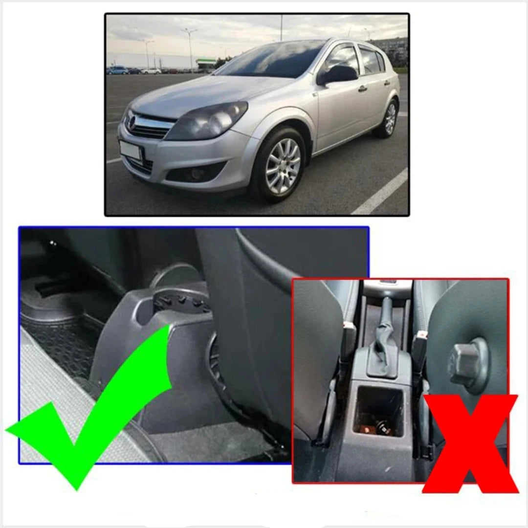 Repère de compatibilité de l'accoudoir Opel Astra H : convient au frein à main sans console centrale, pas au modèle déjà équipé