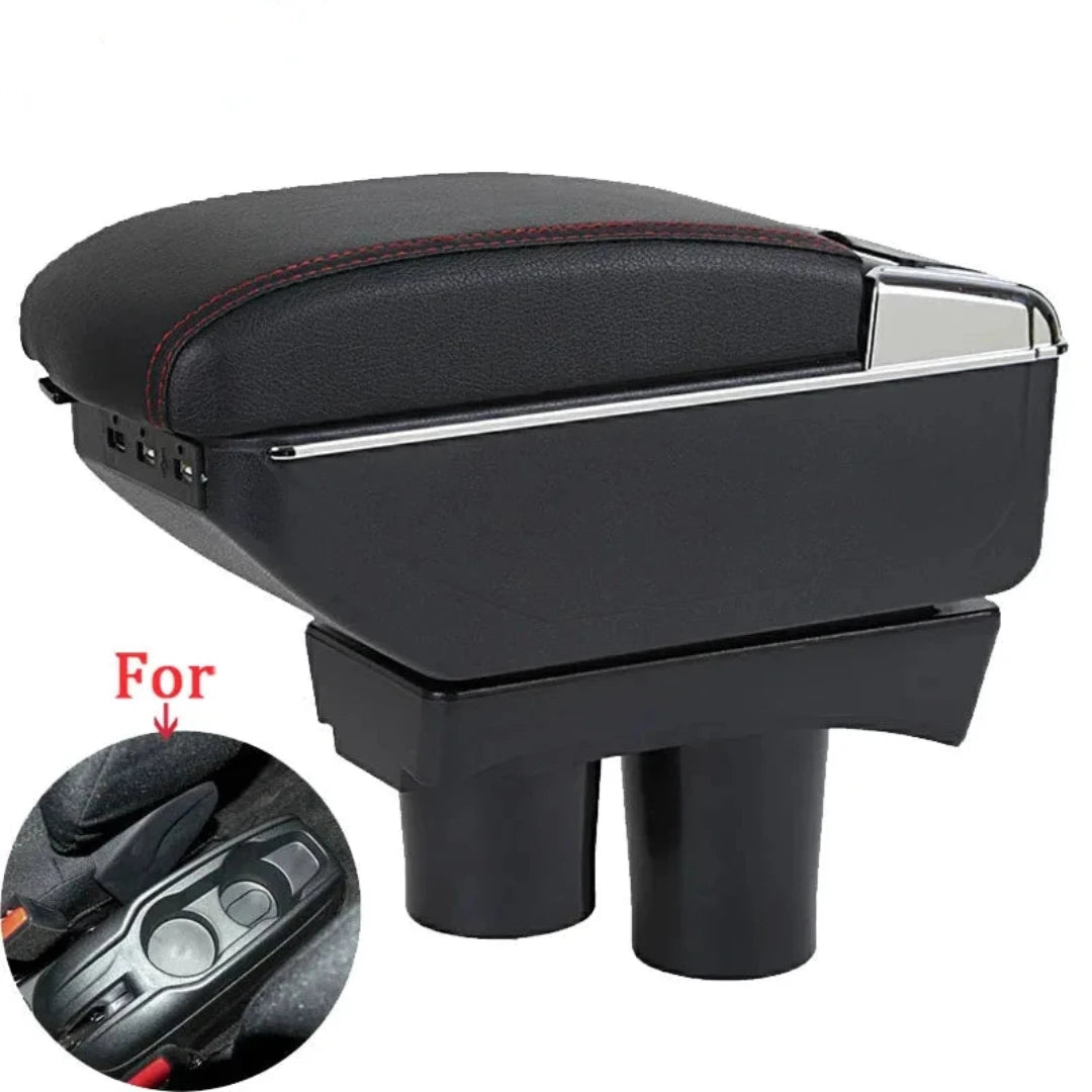 Accoudoir central Peugeot 301 en simili cuir noir à surpiqûres rouges, ports USB latéraux et double porte-gobelet