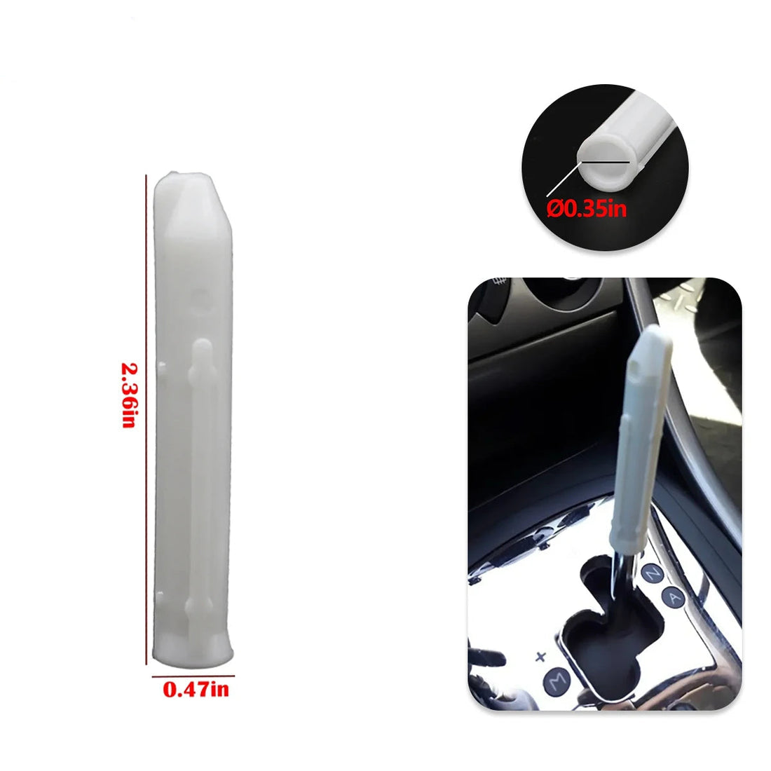 Adaptateur pommeau de vitesse Citroën boîte auto : manchon blanc translucide de 60 mm de long et 9 mm de diamètre intérieur, vu seul et posé sur un levier